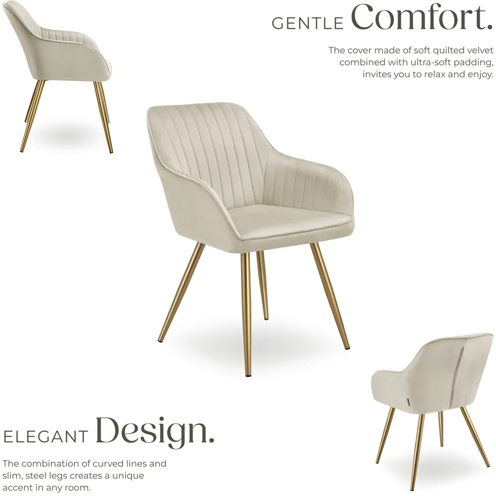 Marilyn Set of 6 Quilted Dining Chairs with Armrests - Cream, Velvet