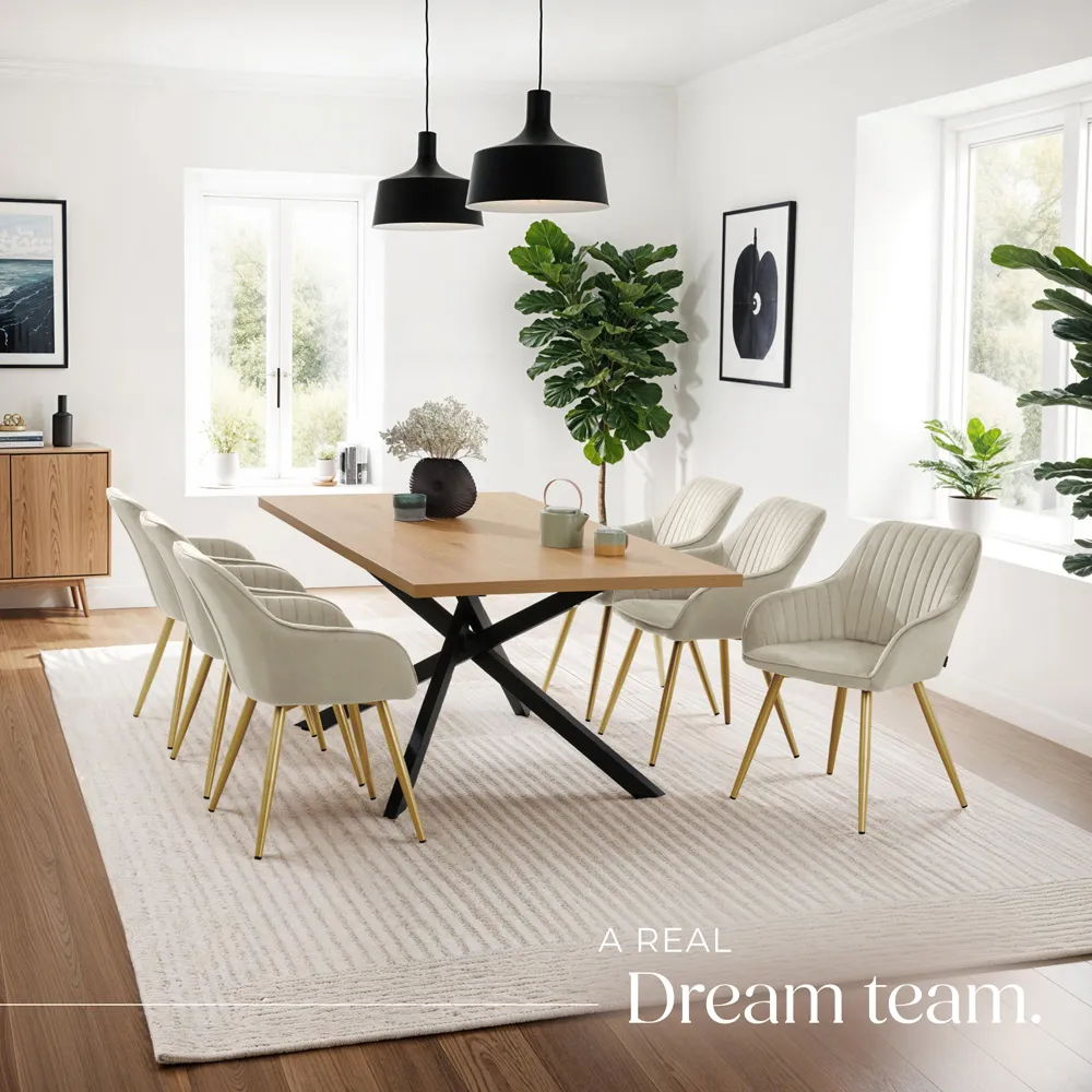 Marilyn Set of 6 Quilted Dining Chairs with Armrests - Cream, Velvet