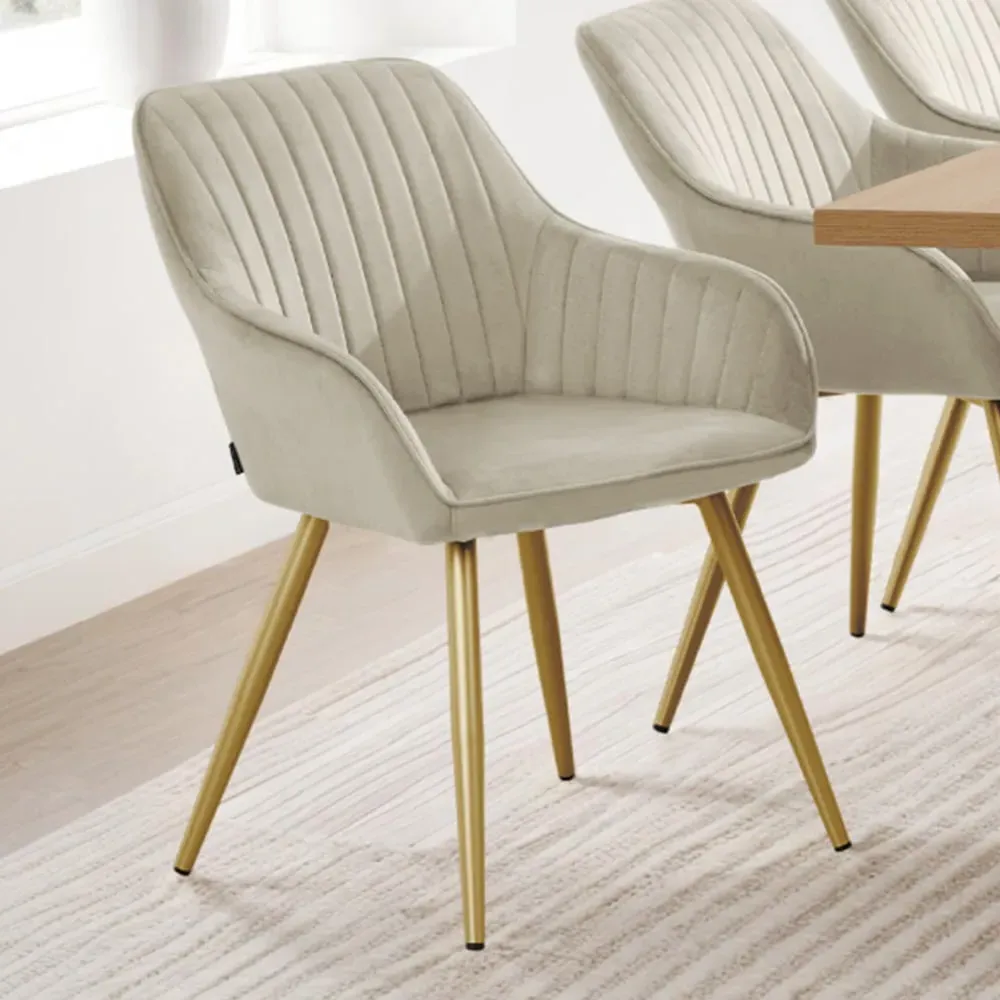 Marilyn Set of 6 Quilted Dining Chairs with Armrests - Cream, Velvet