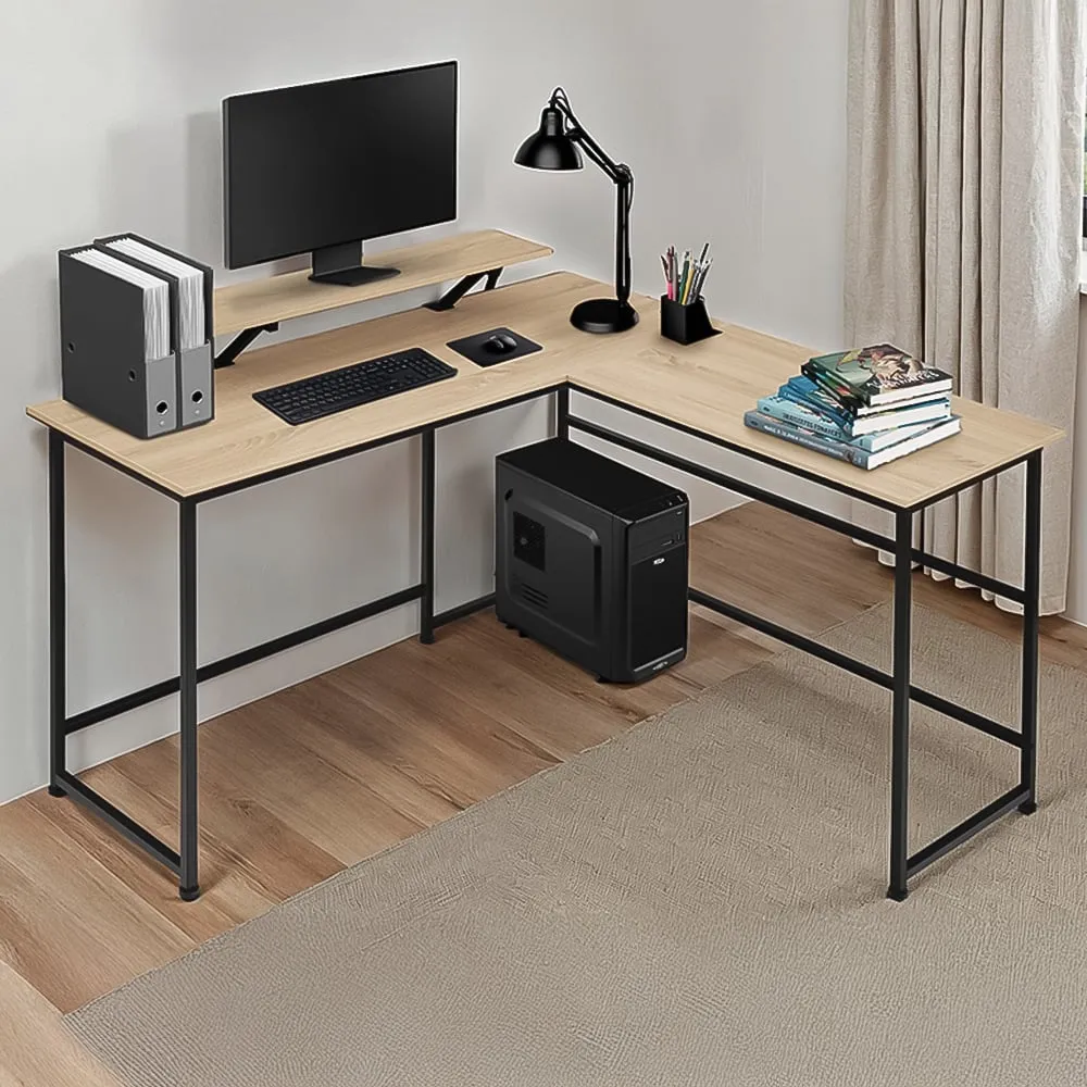 Melrose L-Shaped Corner Desk with Monitor Stand - Oak Sonoma
