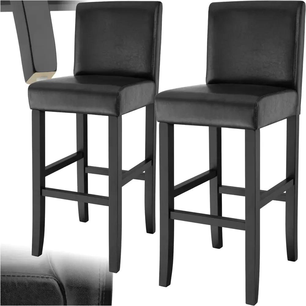 Padded Bar Stool Set of 2 with Footrest - Black, Leather