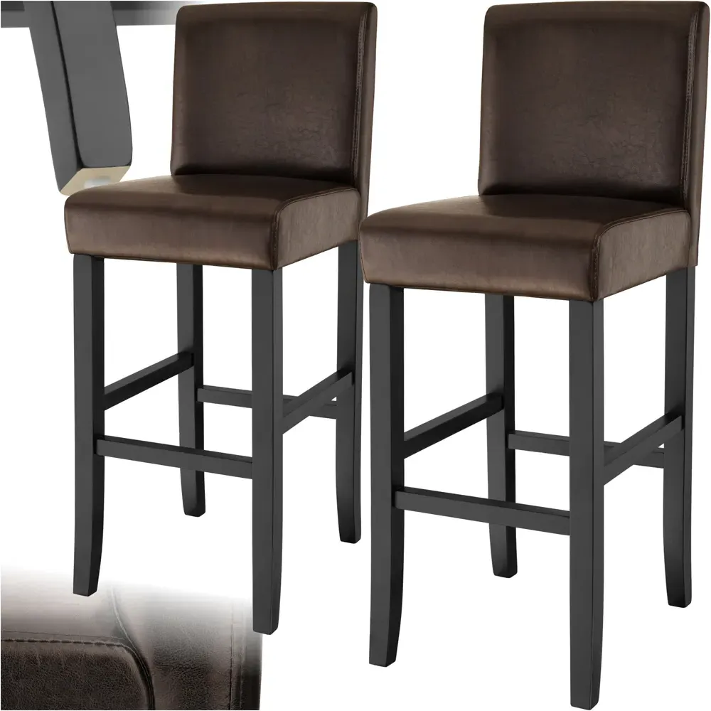 Padded Bar Stool Set of 2 with Footrest - Brown, Synthetic Leather