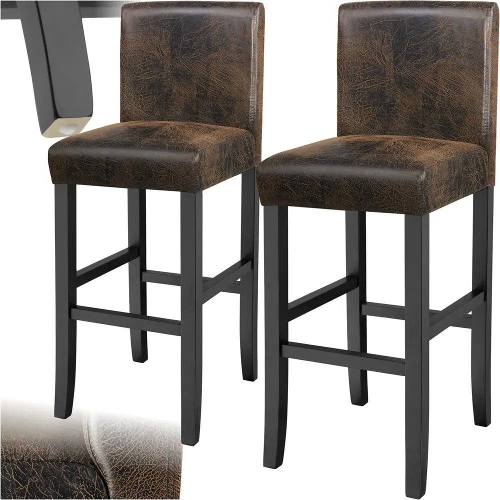 Padded Bar Stool Set of 2 with Footrest - Brown, Synthetic Leather