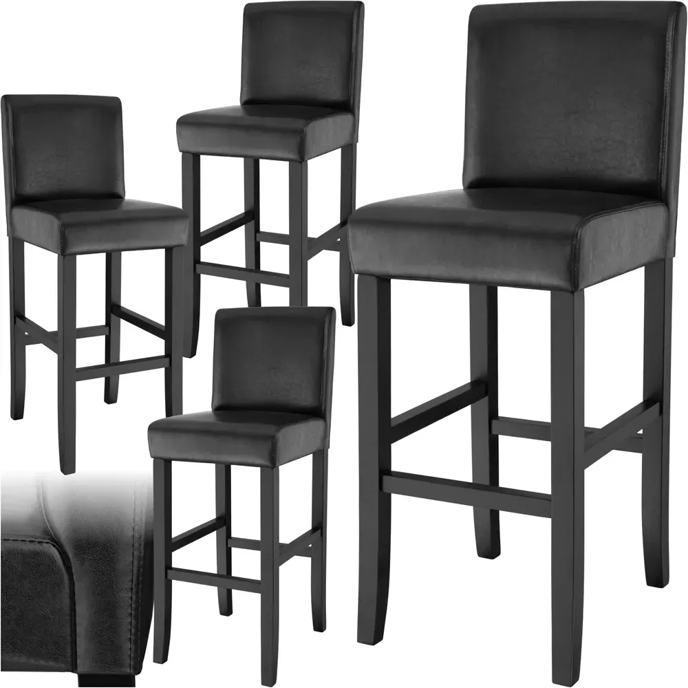 Padded Bar Stool Set of 4 with Footrest - Black, Leather