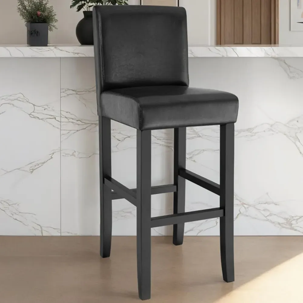 Padded Bar Stool Set of 4 with Footrest - Black, Leather