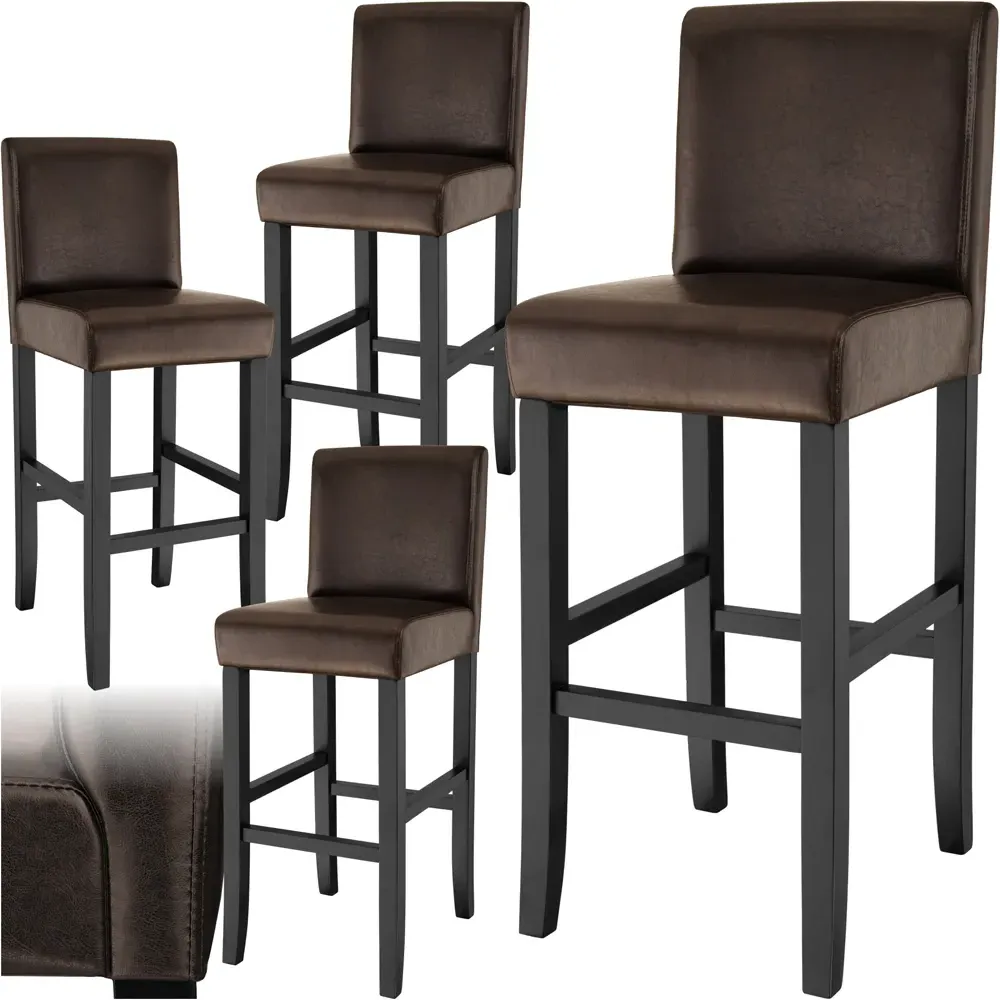 Padded Bar Stool Set of 4 with Footrest - Brown, Synthetic Leather