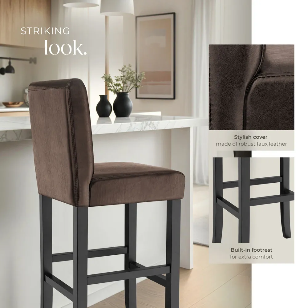 Padded Bar Stool Set of 4 with Footrest - Brown, Synthetic Leather