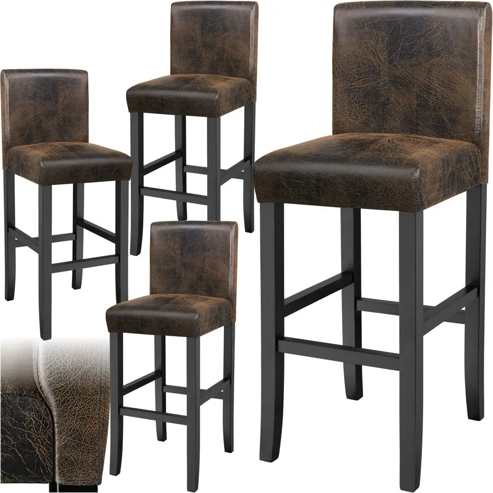 Padded Bar Stool Set of 4 with Footrest - Brown, Synthetic Leather