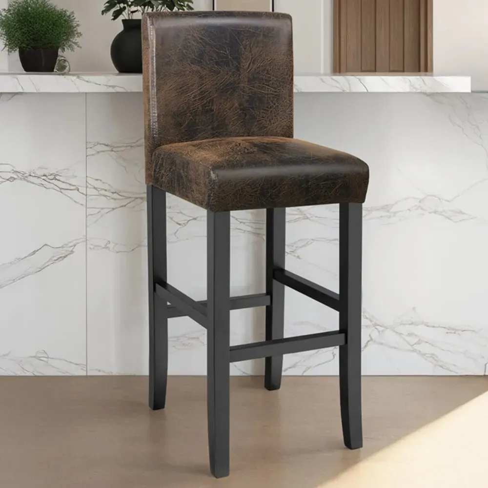 Padded Bar Stool Set of 4 with Footrest - Brown, Synthetic Leather