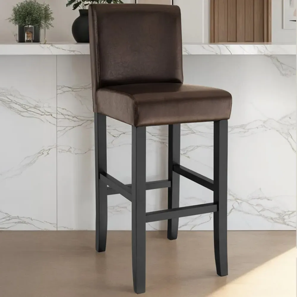 Padded Bar Stool Set of 4 with Footrest - Brown, Synthetic Leather