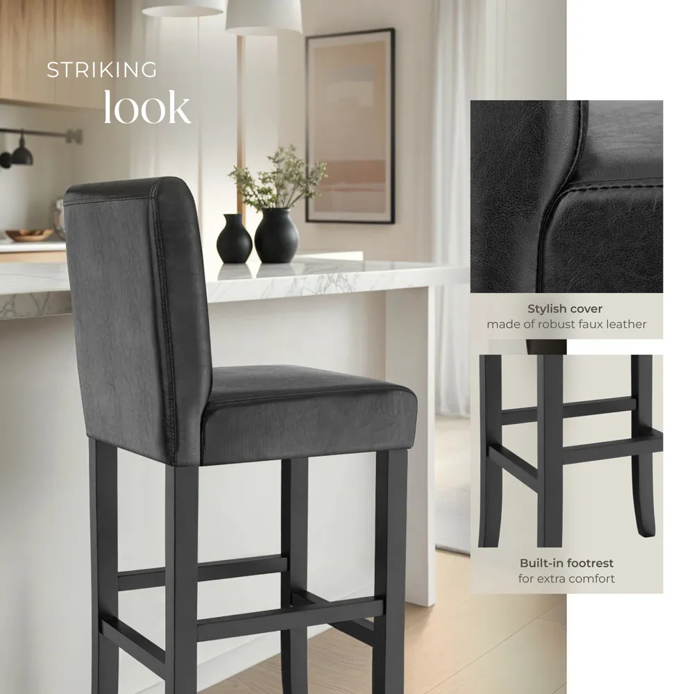 Padded Bar Stool with Footrest - Black, Leather