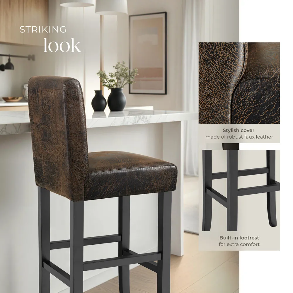 Padded Bar Stool with Footrest - Brown, Synthetic Leather
