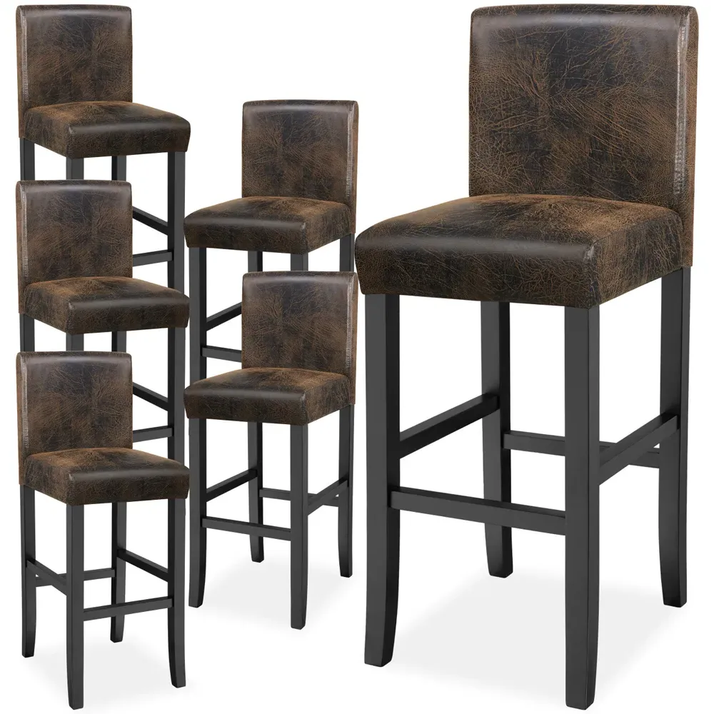 Padded Bar Stools Set of 6 - Brown, Synthetic Leather