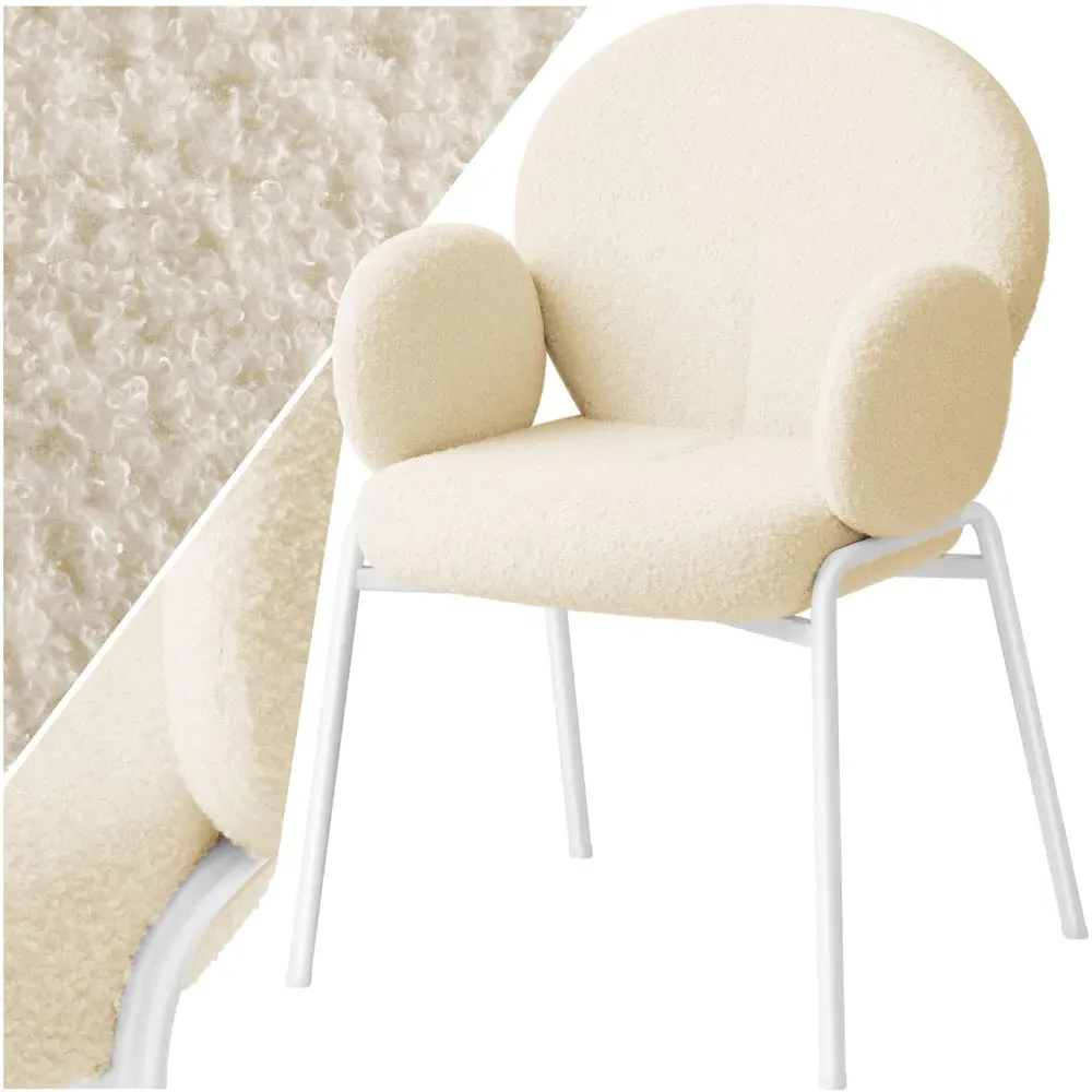 Padded Dining Chair with Armrests - Cream, Boucle
