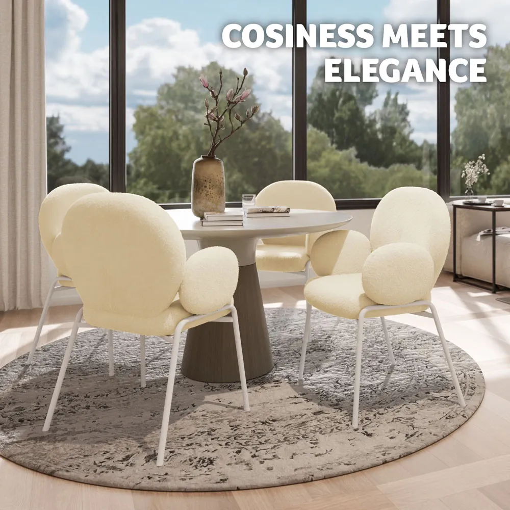 Padded Dining Chair with Armrests - Cream, Boucle