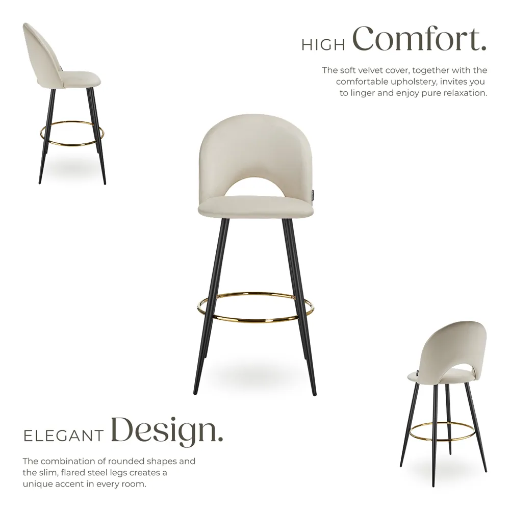 Rachel Bar Stool Set of 2 - Cream, Velvet