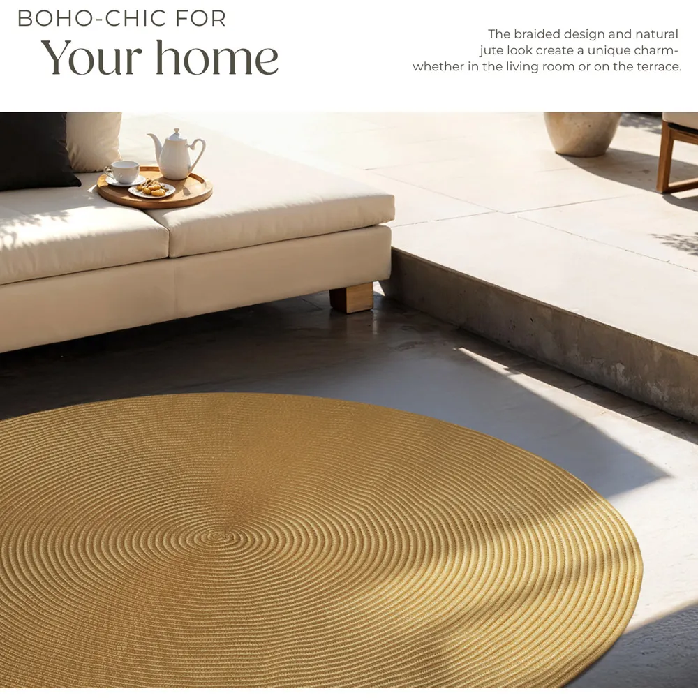 Raya Round Braided Rug - Brown, Jute Effect