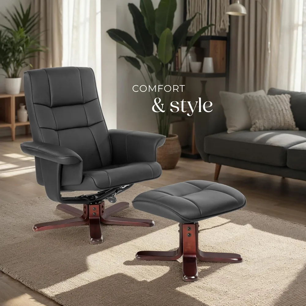 Reclining Armchair with Stool - Black, Faux Leather
