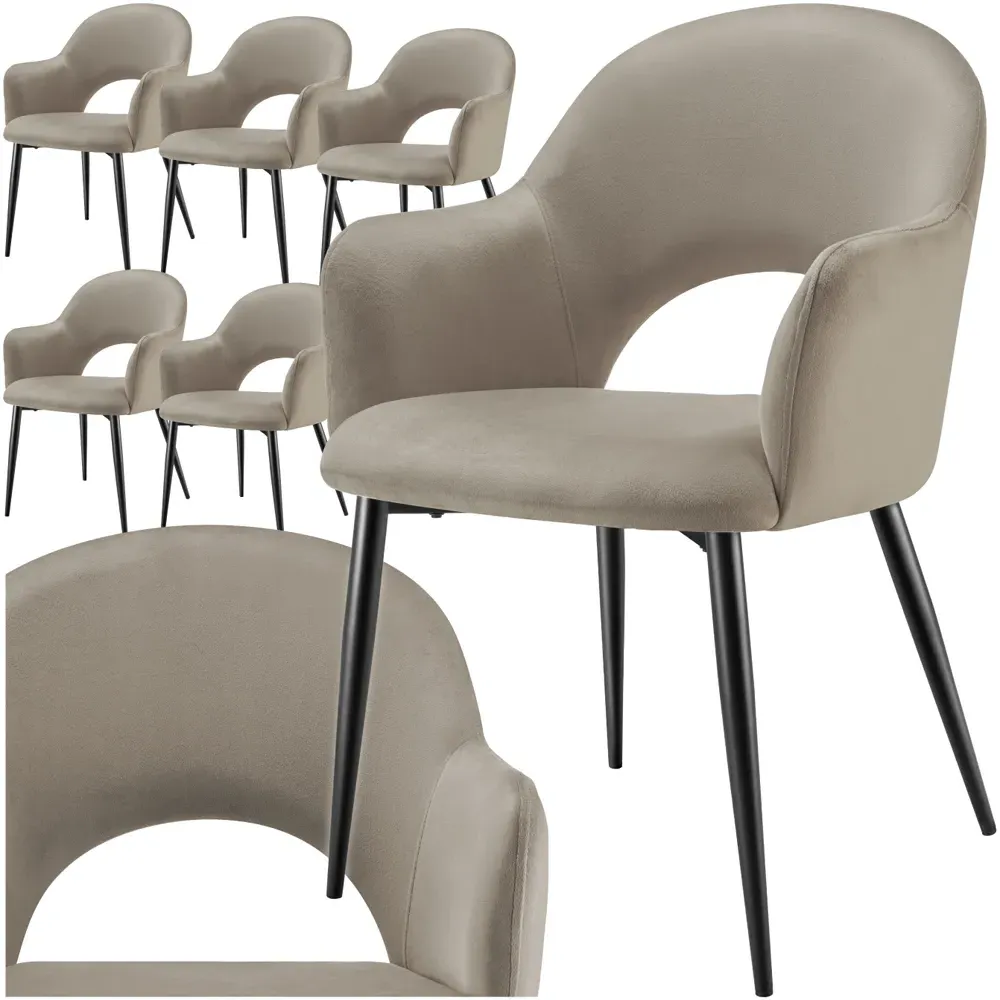 Sasha Set of 6 Dining Chairs with Armrests - Taupe, Velvet