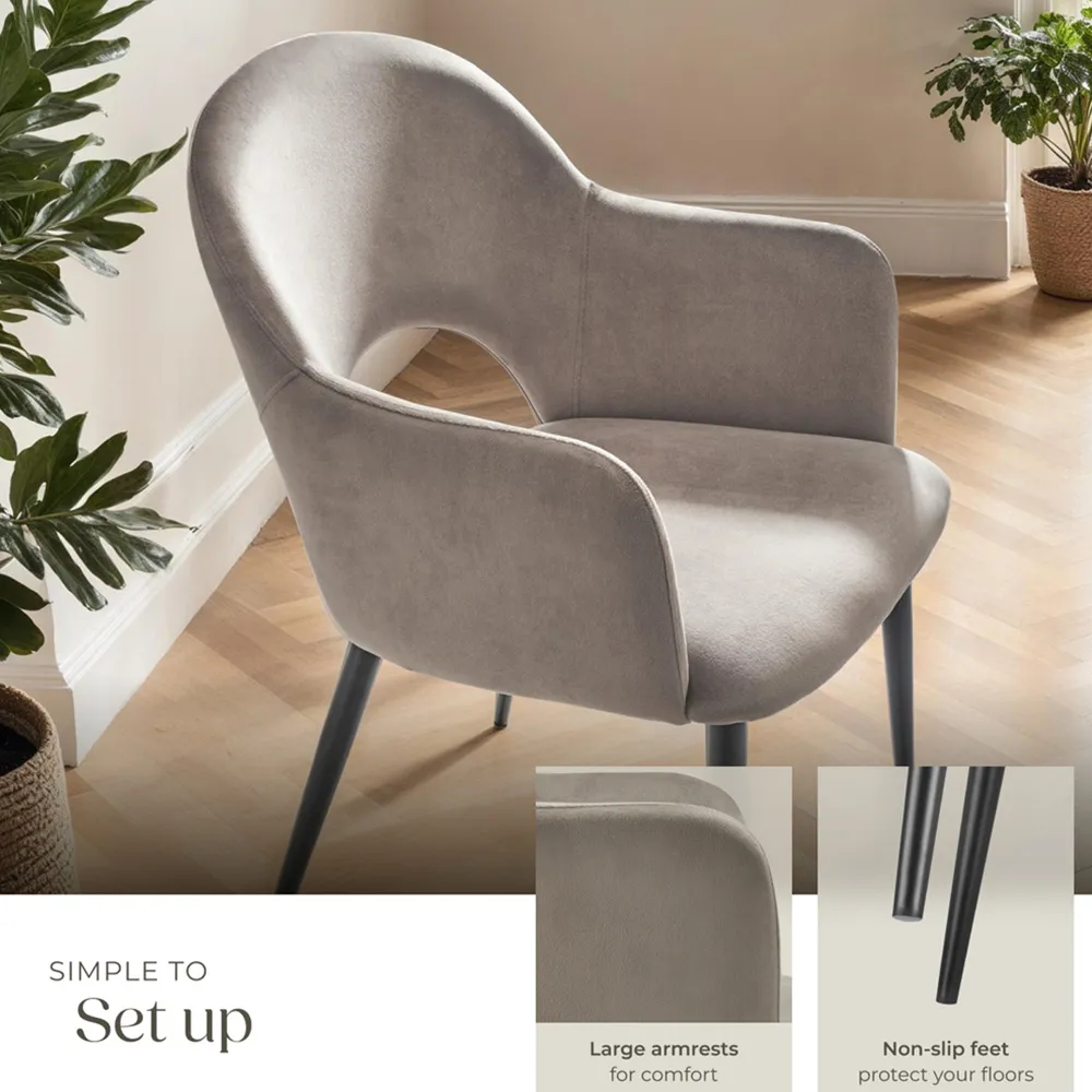 Sasha Set of 6 Dining Chairs with Armrests - Taupe, Velvet