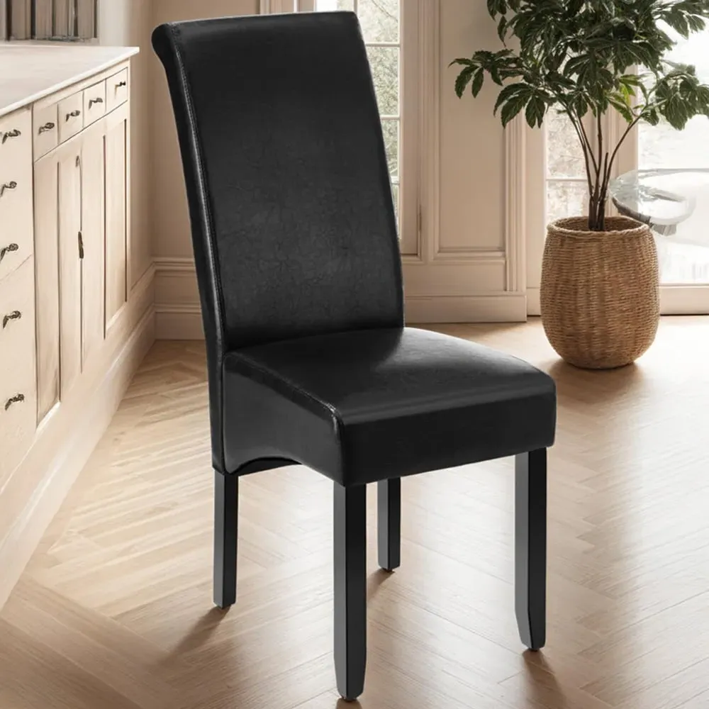 Set of 2 High Backrest Dining Chair - Black, Faux Leather