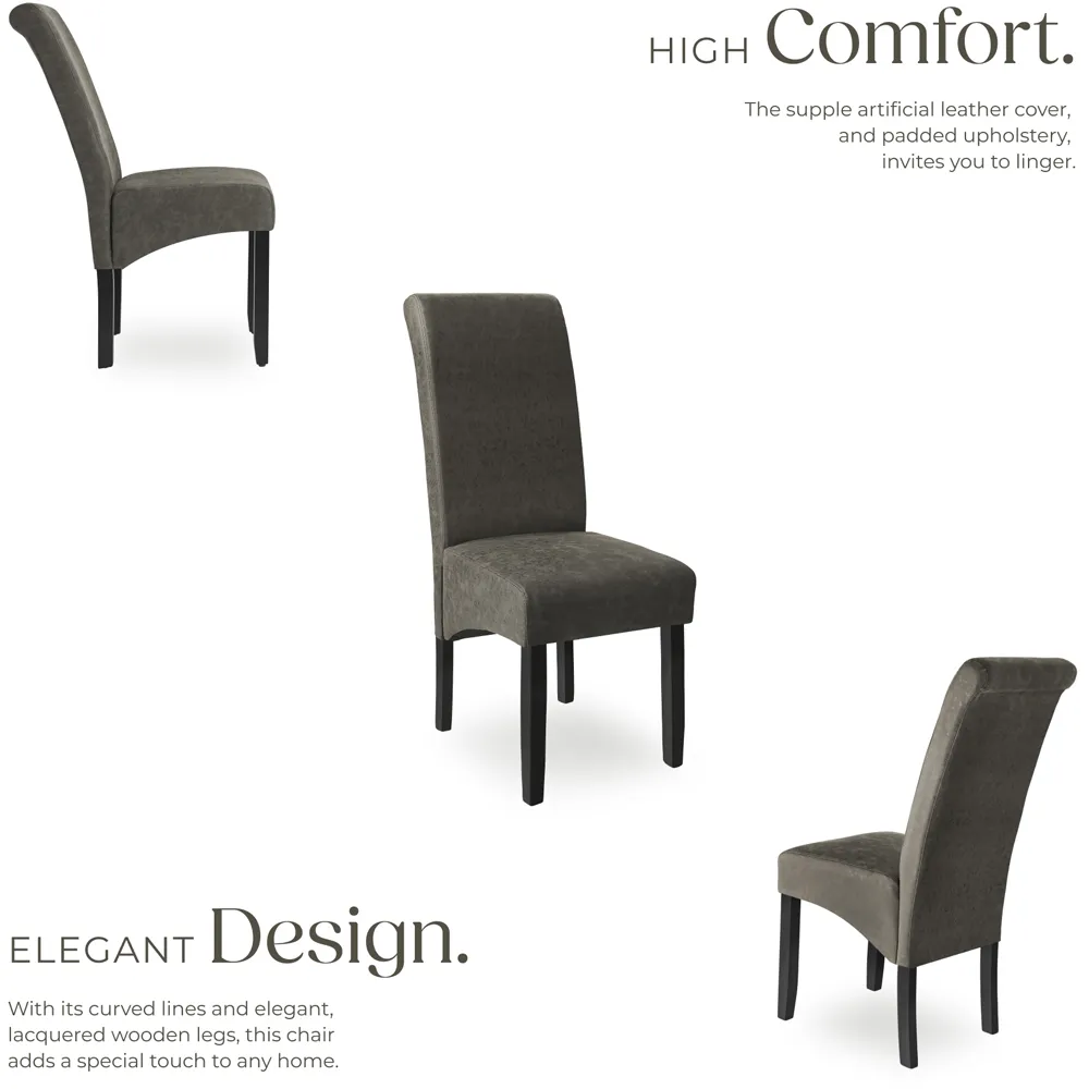 Set of 2 High Backrest Dining Chairs - Grey, Leather