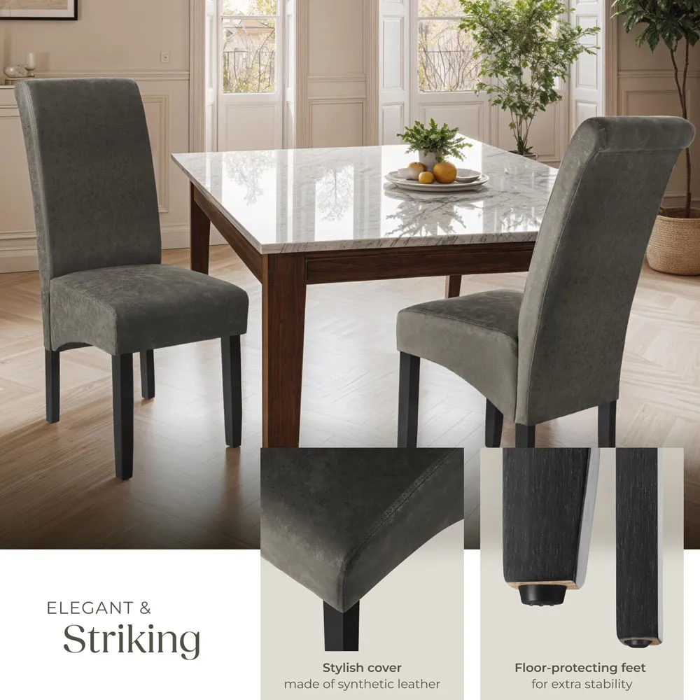 Set of 2 High Backrest Dining Chairs - Grey, Leather