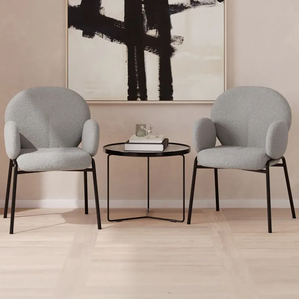 Set of 2 Padded Dining Chairs - Grey, Boucle