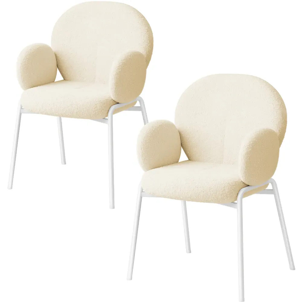 Set of 2 Padded Dining Chairs with Armrests - Cream, Boucle