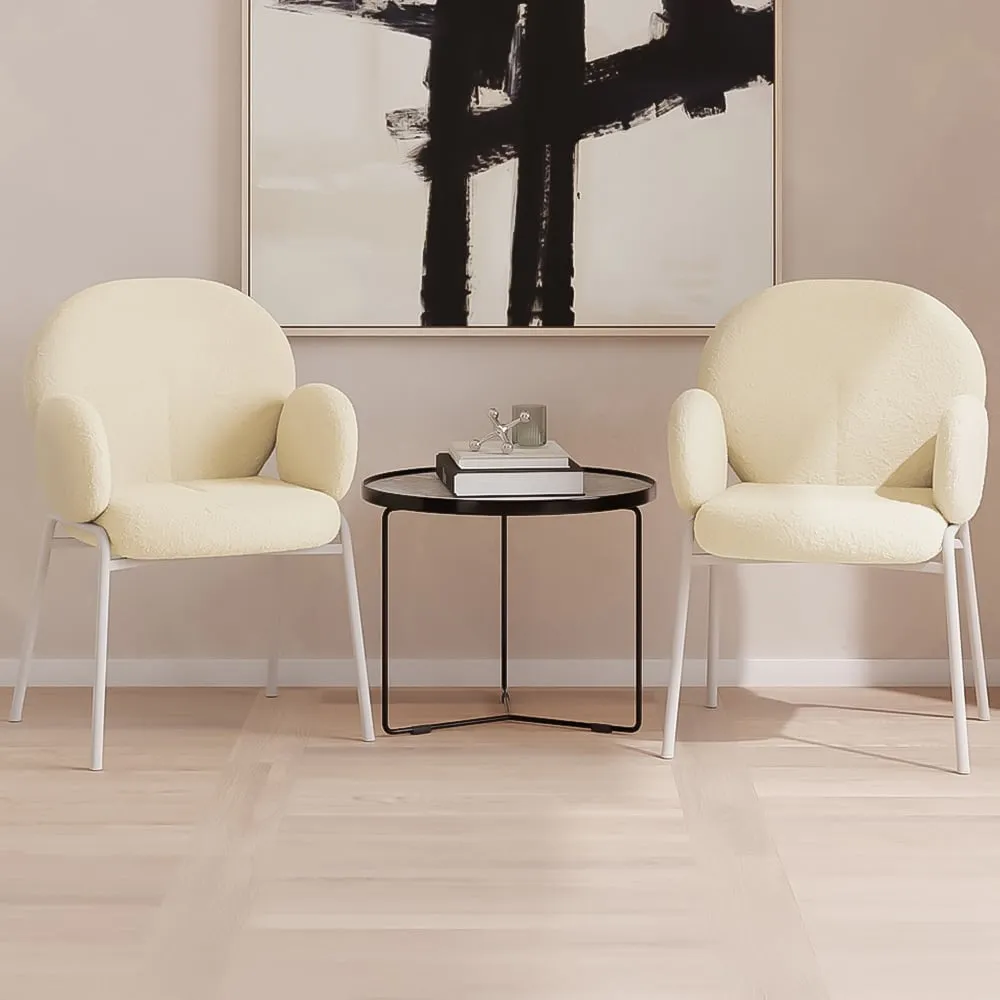 Set of 2 Padded Dining Chairs with Armrests - Cream, Boucle