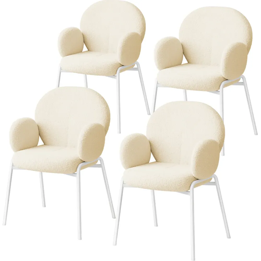 Set of 4 Padded Dining Chairs with Armrests - Cream, Boucle