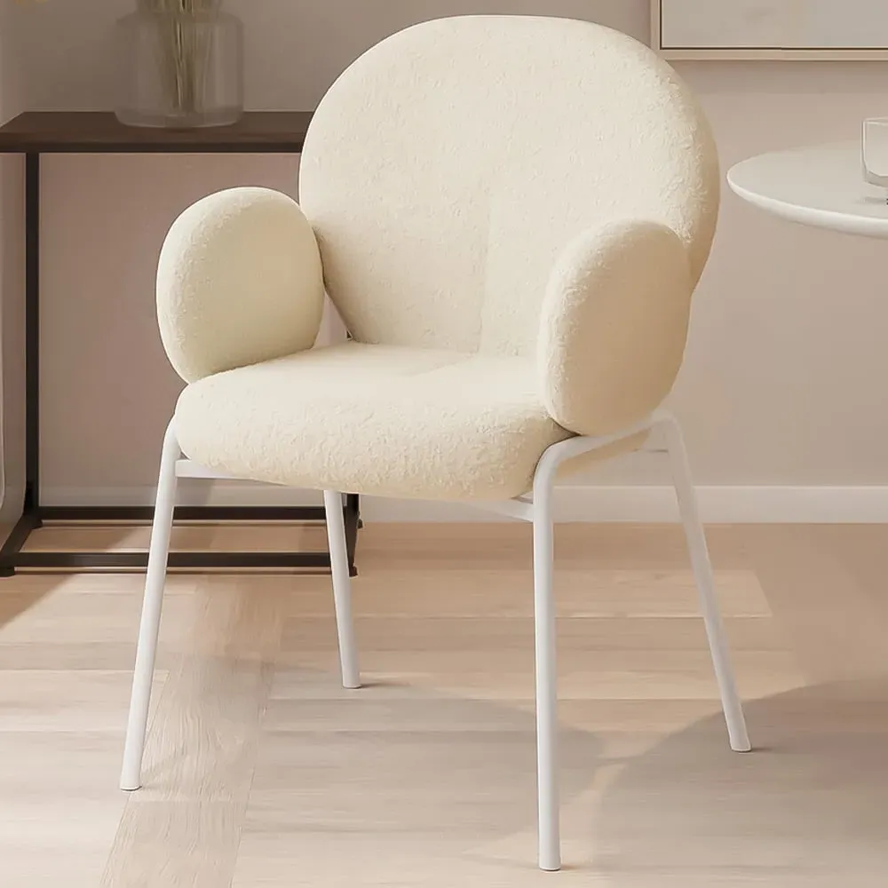 Set of 4 Padded Dining Chairs with Armrests - Cream, Boucle