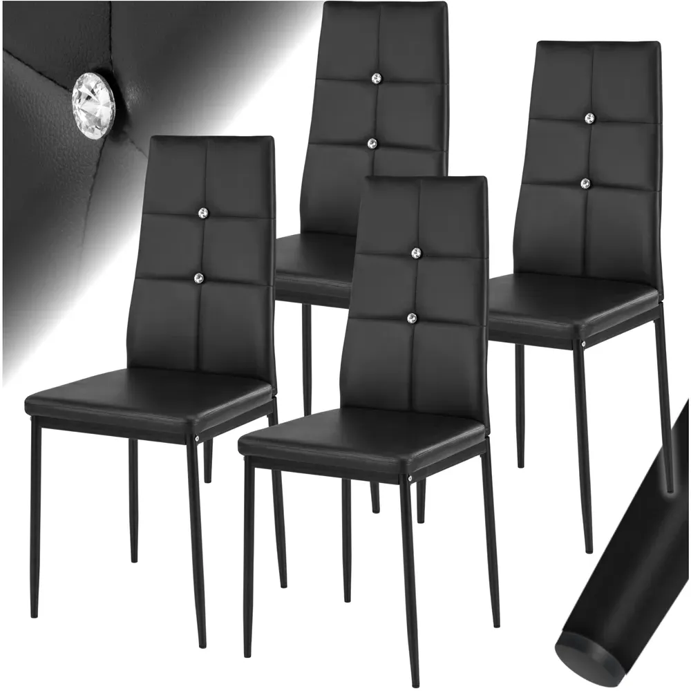 Set of 4 Rhinestone Dining Chairs - Black, Faux Leather