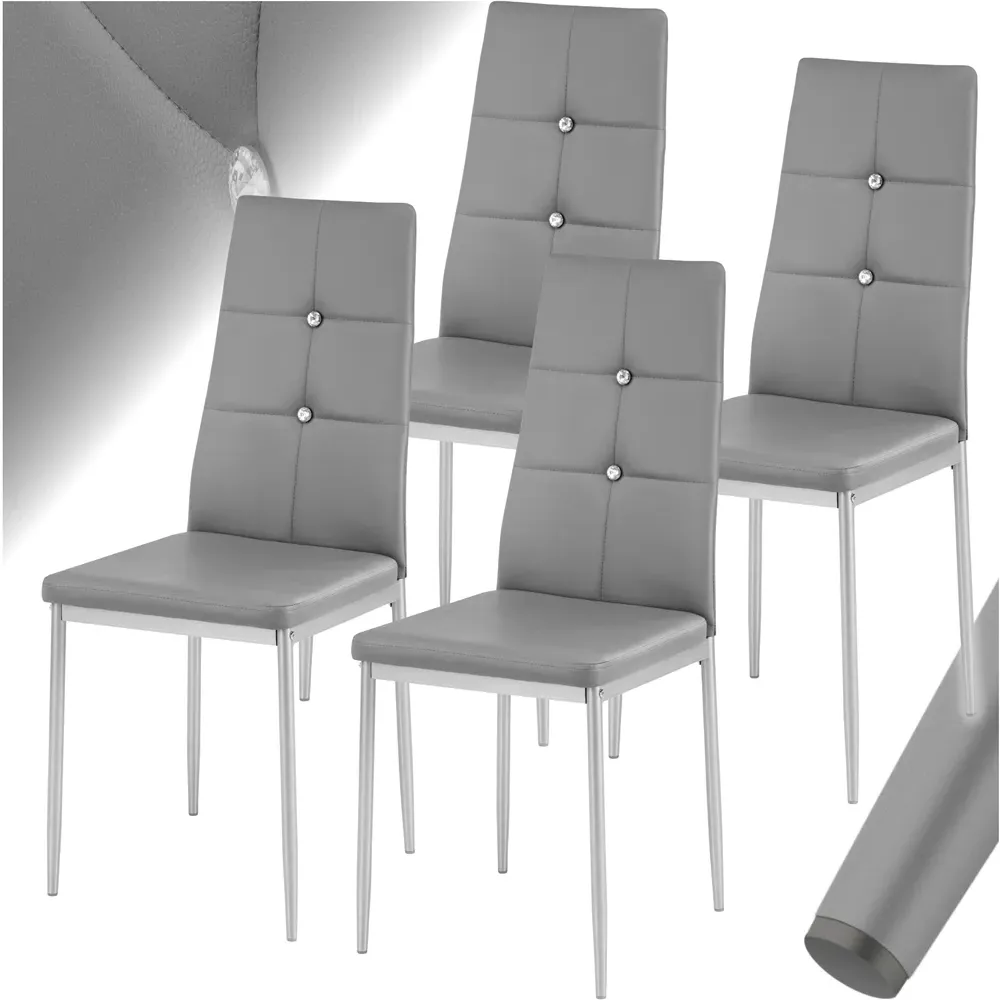 Set of 4 Rhinestone Dining Chairs - Grey, Faux Leather