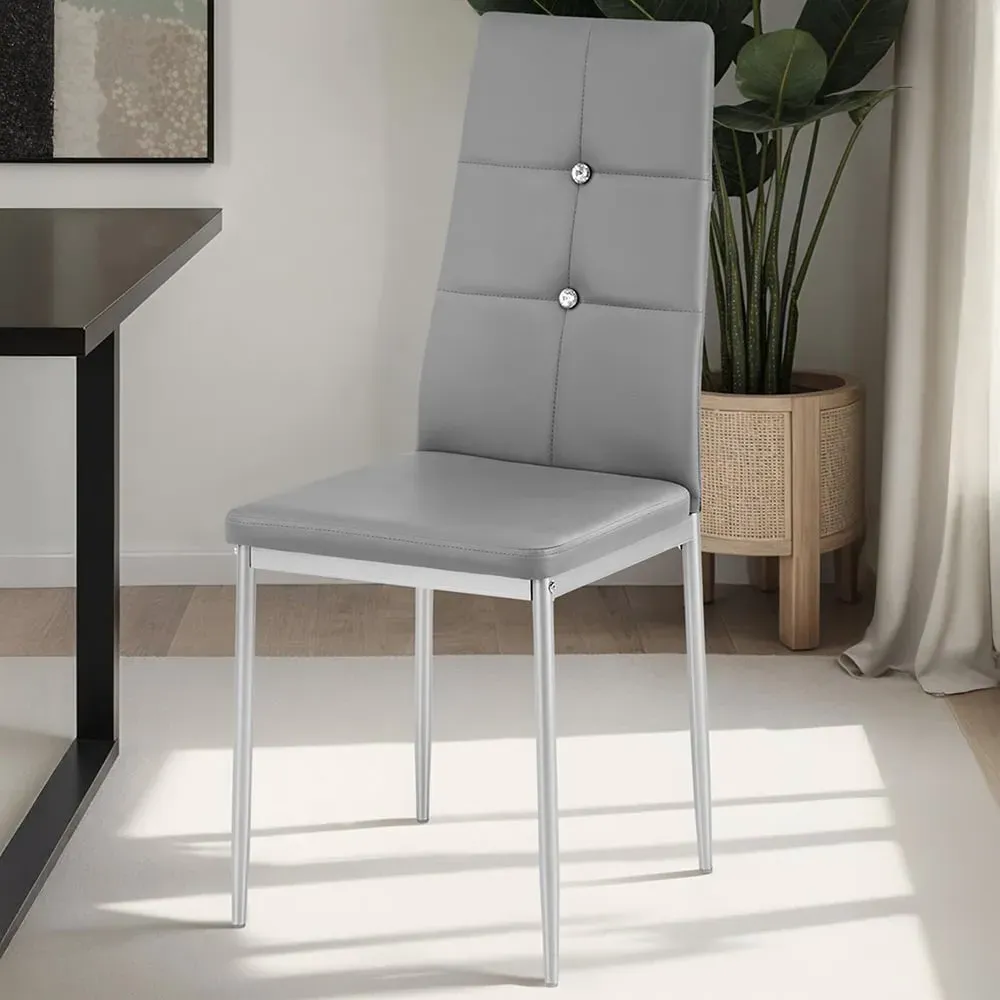 Set of 4 Rhinestone Dining Chairs - Grey, Faux Leather