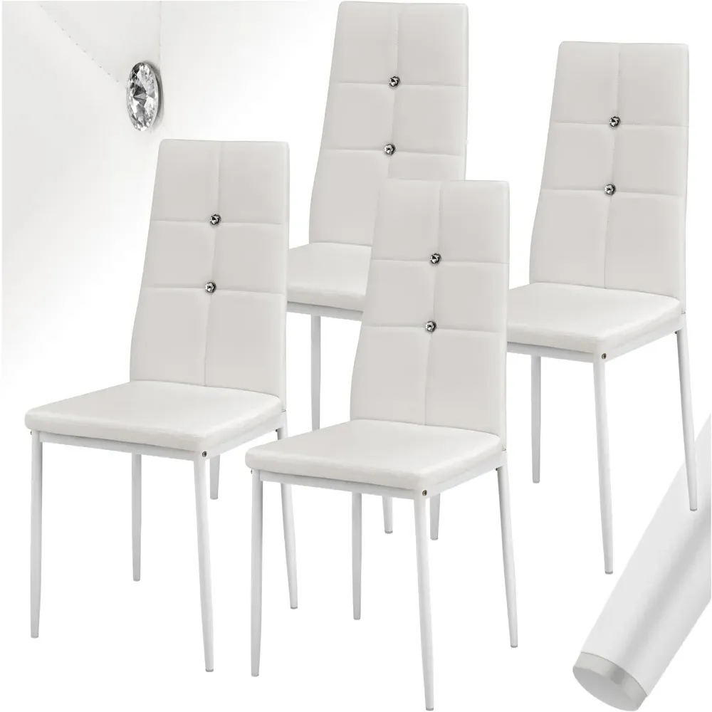 Set of 4 Rhinestone Dining Chairs - White, Faux Leather