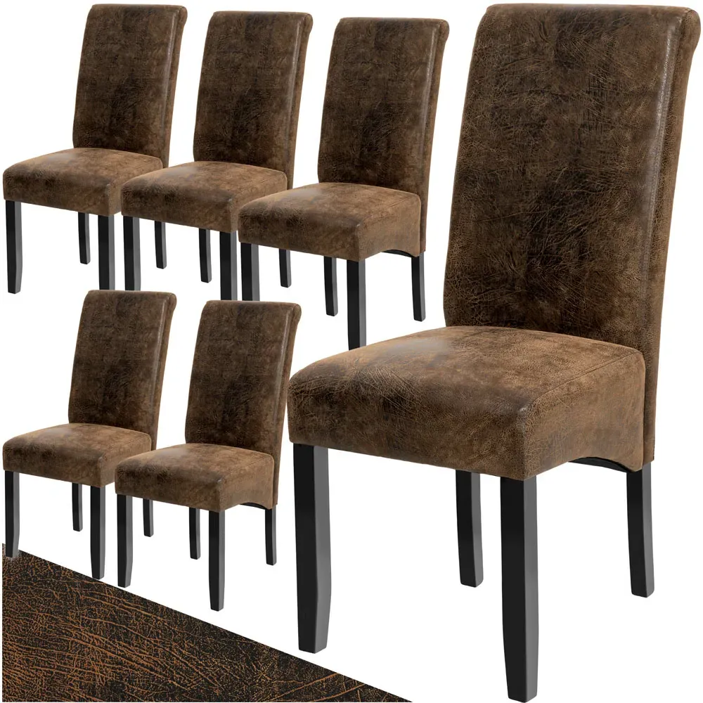 Set of 6 High Backrest Dining Chairs - Brown, Faux Leather