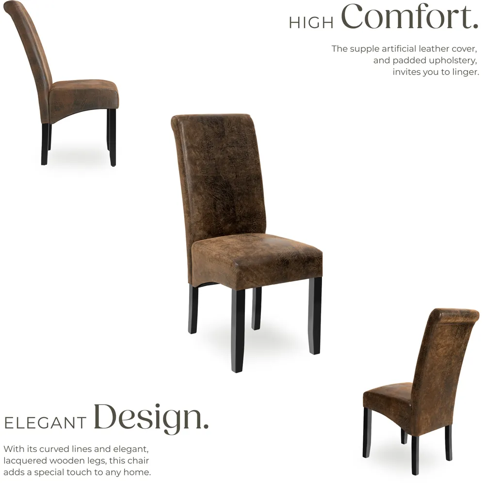 Set of 6 High Backrest Dining Chairs - Brown, Faux Leather