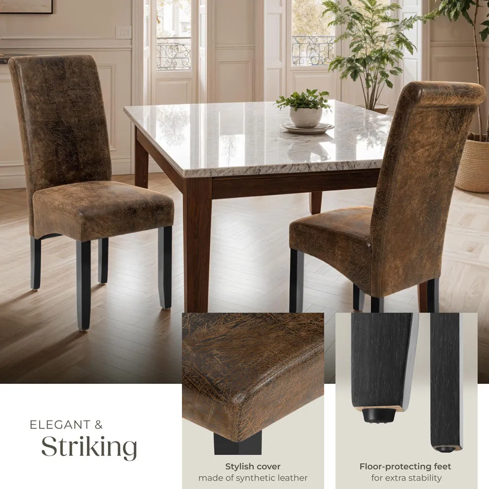 Set of 6 High Backrest Dining Chairs - Brown, Faux Leather