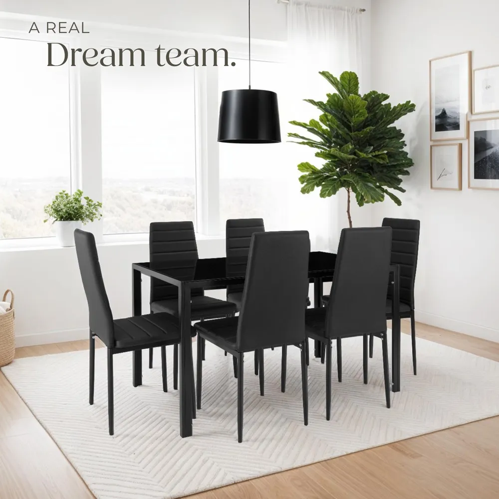 Set of 6 High Backrest Padded Dining Chairs - Black