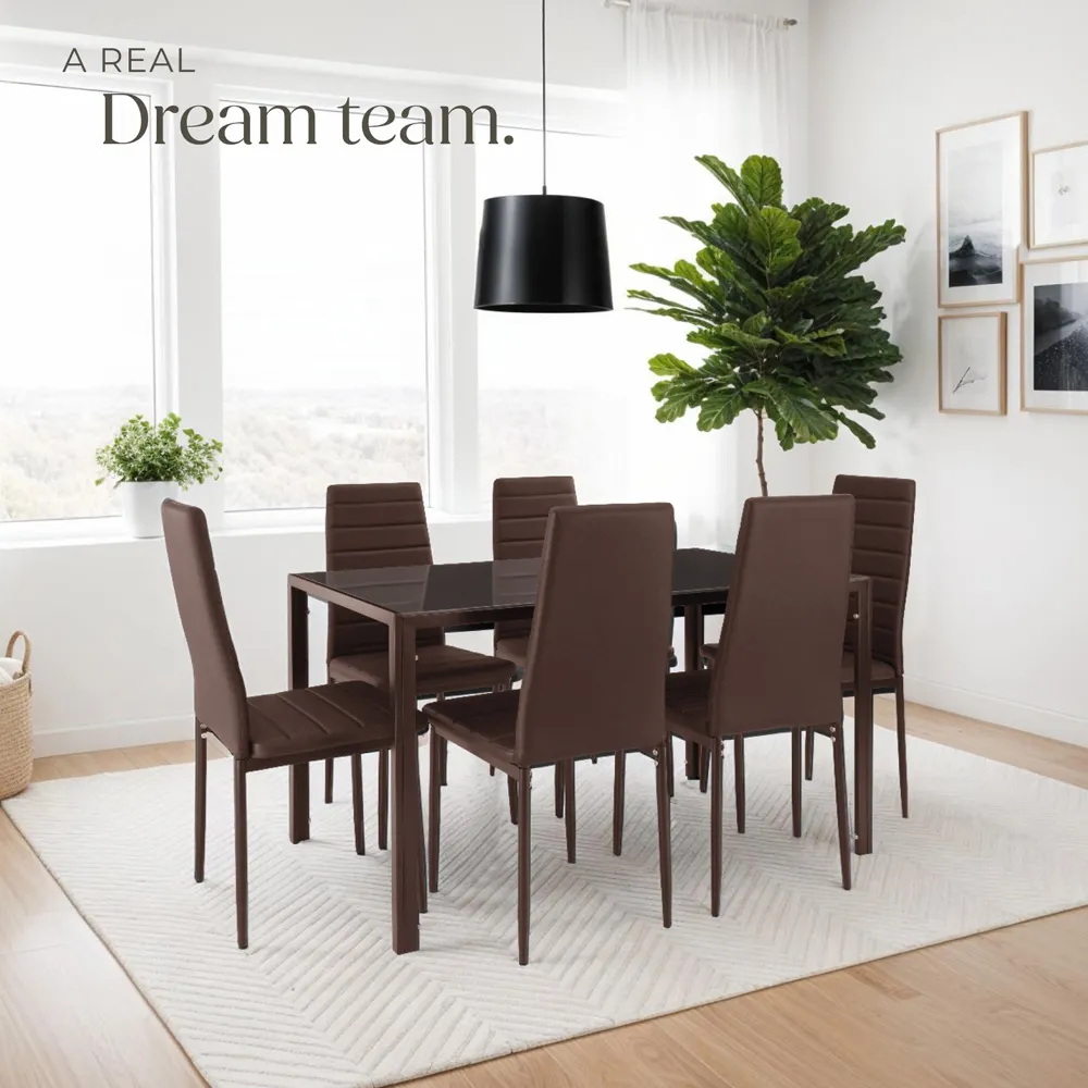 Set of 6 High Backrest Padded Dining Chairs - Brown