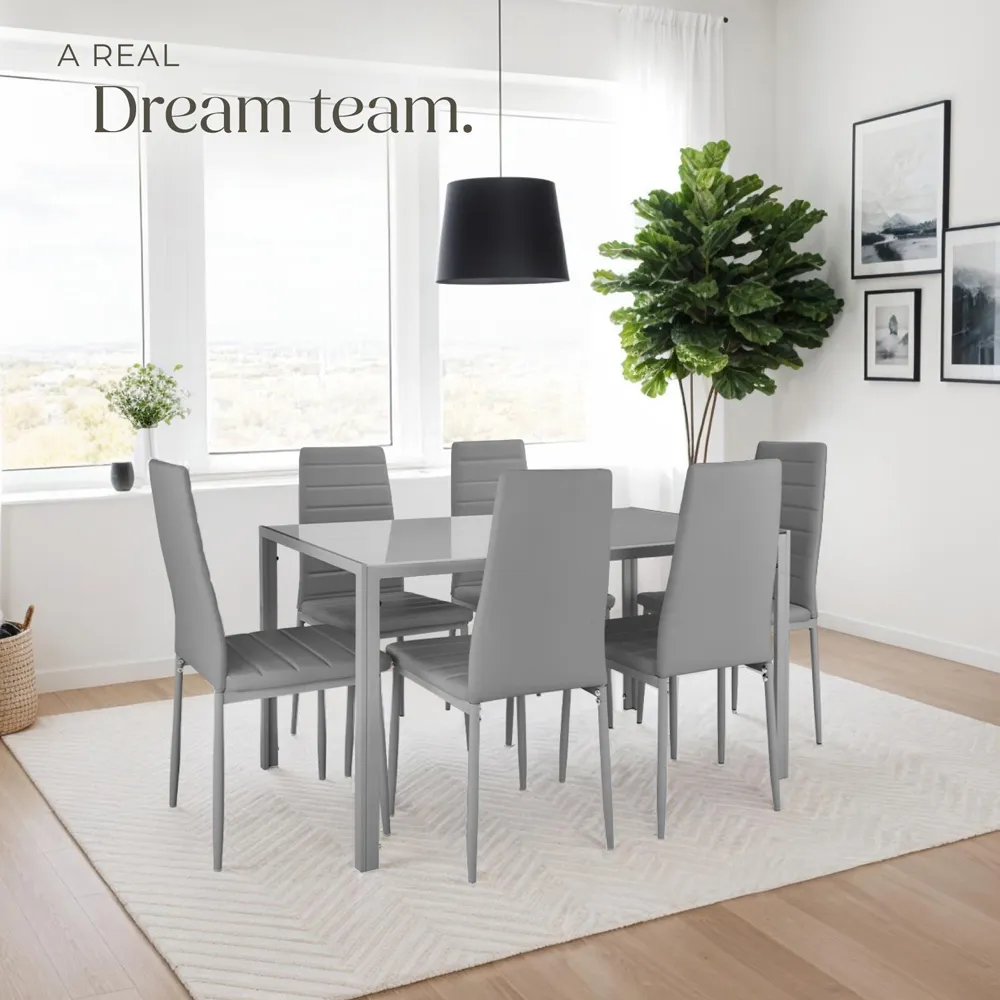 Set of 6 High Backrest Padded Dining Chairs - Grey