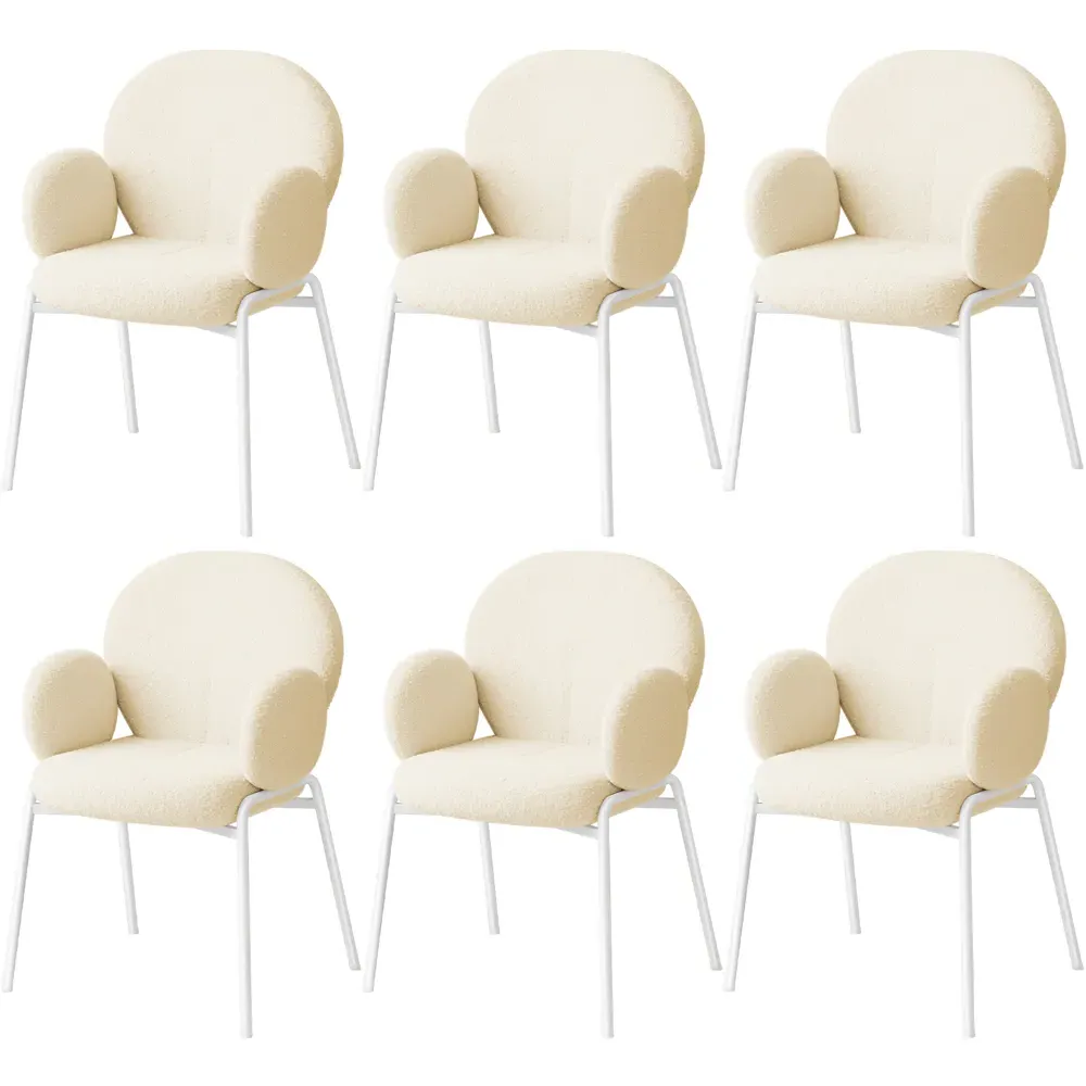 Set of 6 Padded Dining Chairs with Armrests - Cream, Boucle