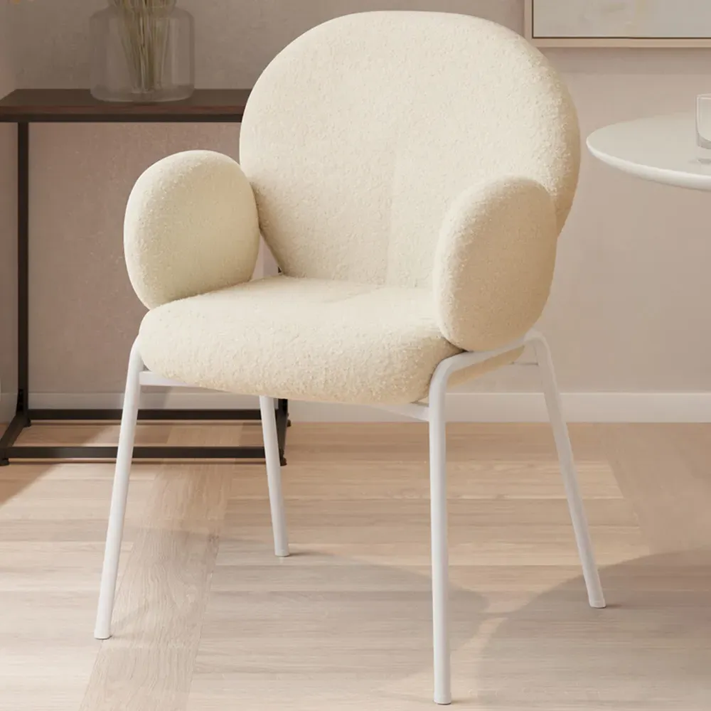 Set of 6 Padded Dining Chairs with Armrests - Cream, Boucle