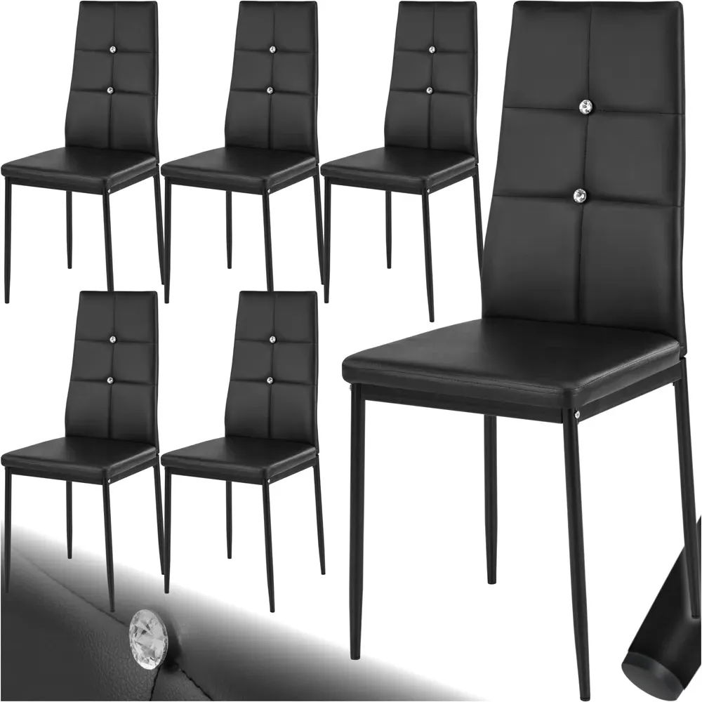 Set of 6 Rhinestone Dining Chairs - Black, Faux Leather