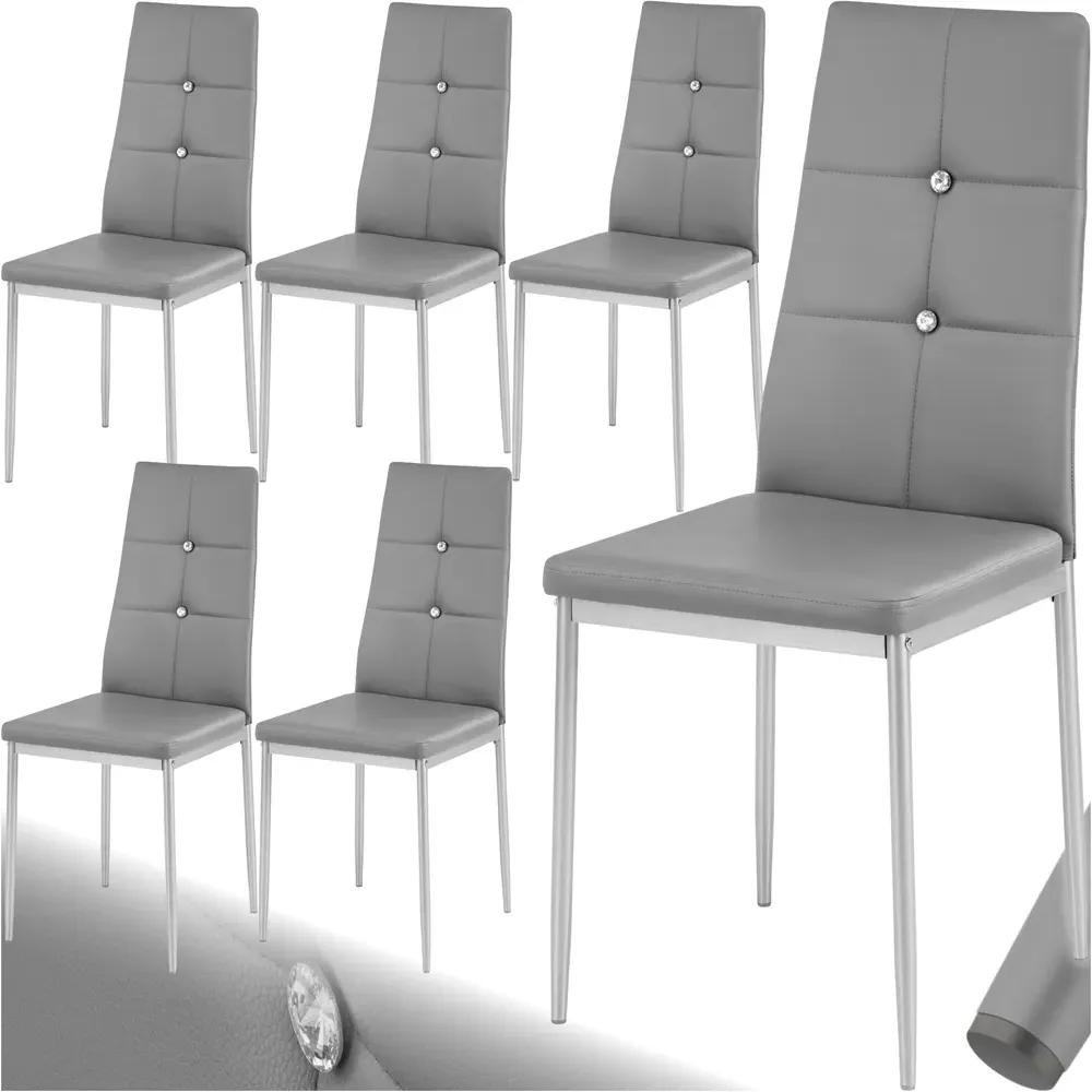 Set of 6 Rhinestone Dining Chairs - Grey, Faux Leather