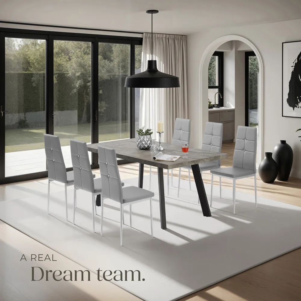 Set of 6 Rhinestone Dining Chairs - Grey, Faux Leather