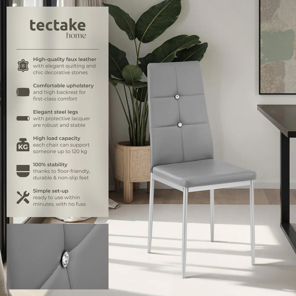 Set of 6 Rhinestone Dining Chairs - Grey, Faux Leather