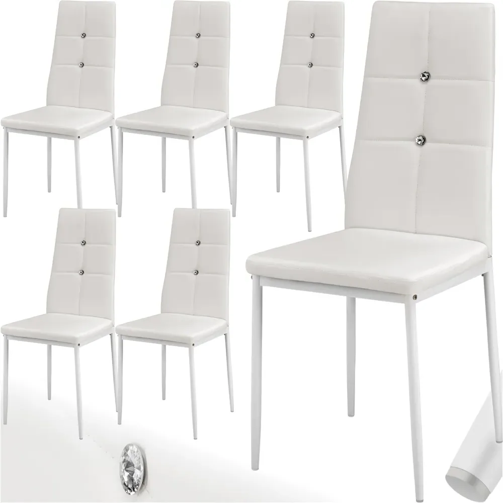 Set of 6 Rhinestone Dining Chairs - White, Faux Leather