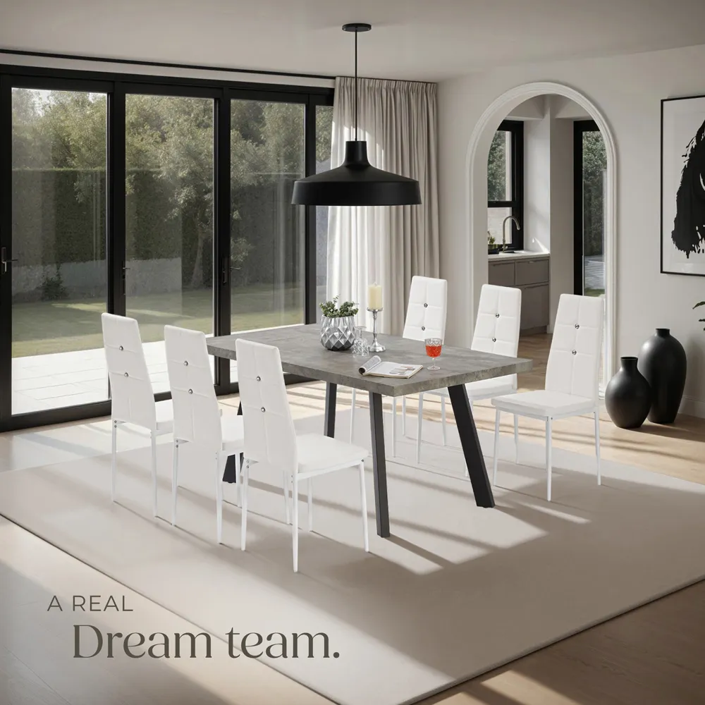 Set of 6 Rhinestone Dining Chairs - White, Faux Leather